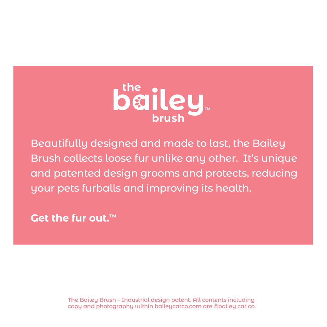 Beautifully designed and made to last, the Bailey Brush collected loose fur unlike any other. It's unique and patented design grooms and protects, reducing your pets furballs and improving it's health. Get the fur out.